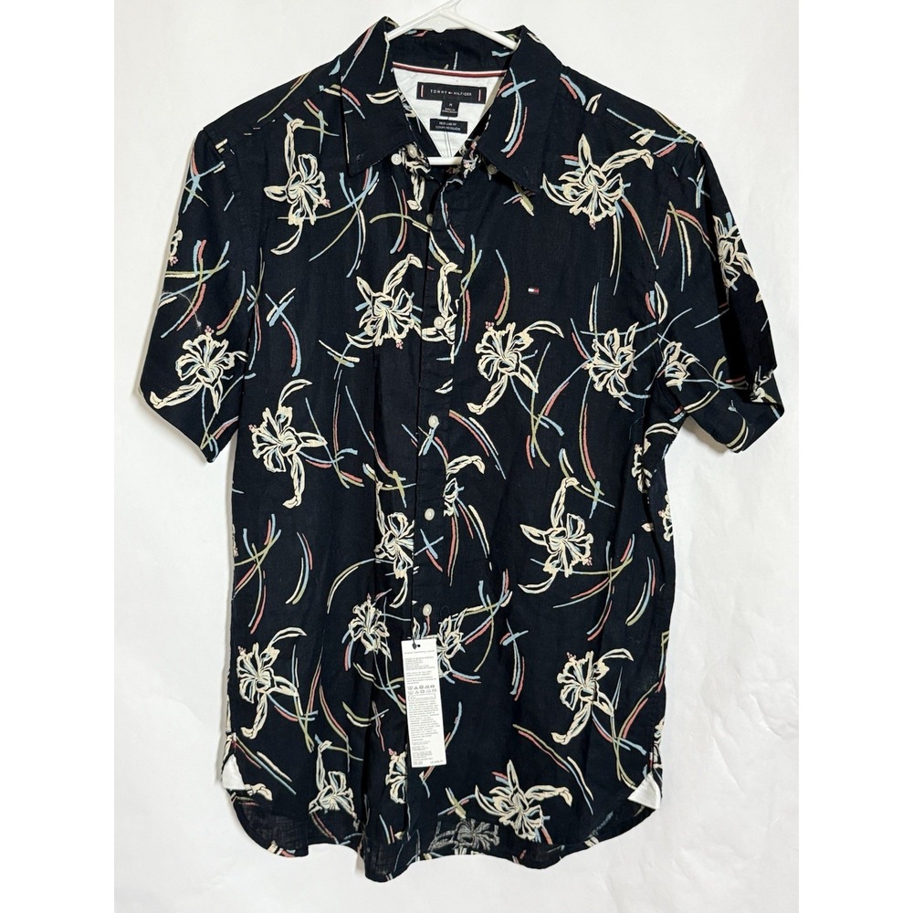 New Tommy Hilfiger Linen Floral Short Sleeve Button-Down Shirt Navy Medium